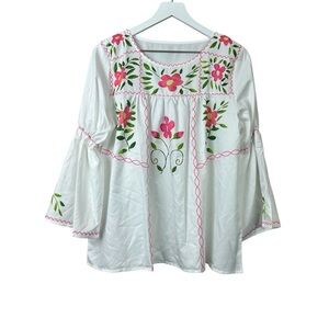 White Floral Cotton Peasant Top Women Blouse Sz S
